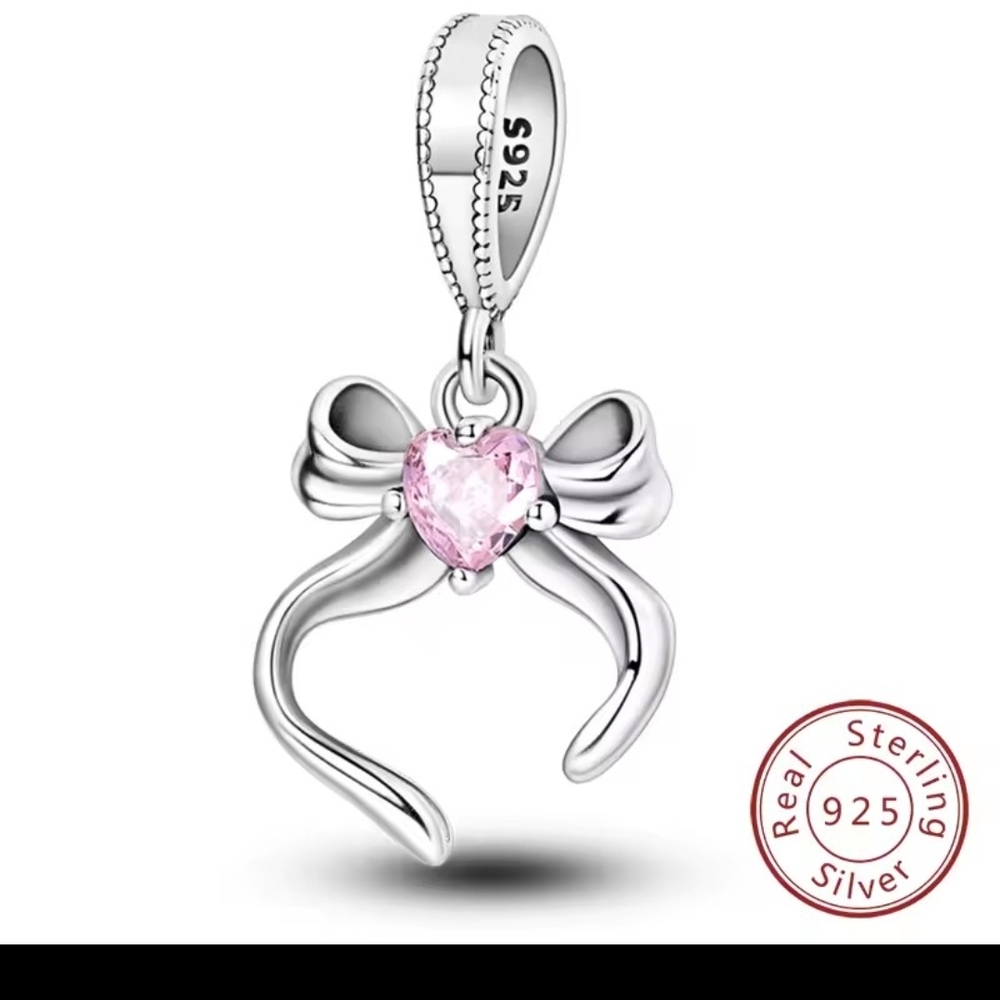 Sterling Silver Bow Pendant with Pink Heart